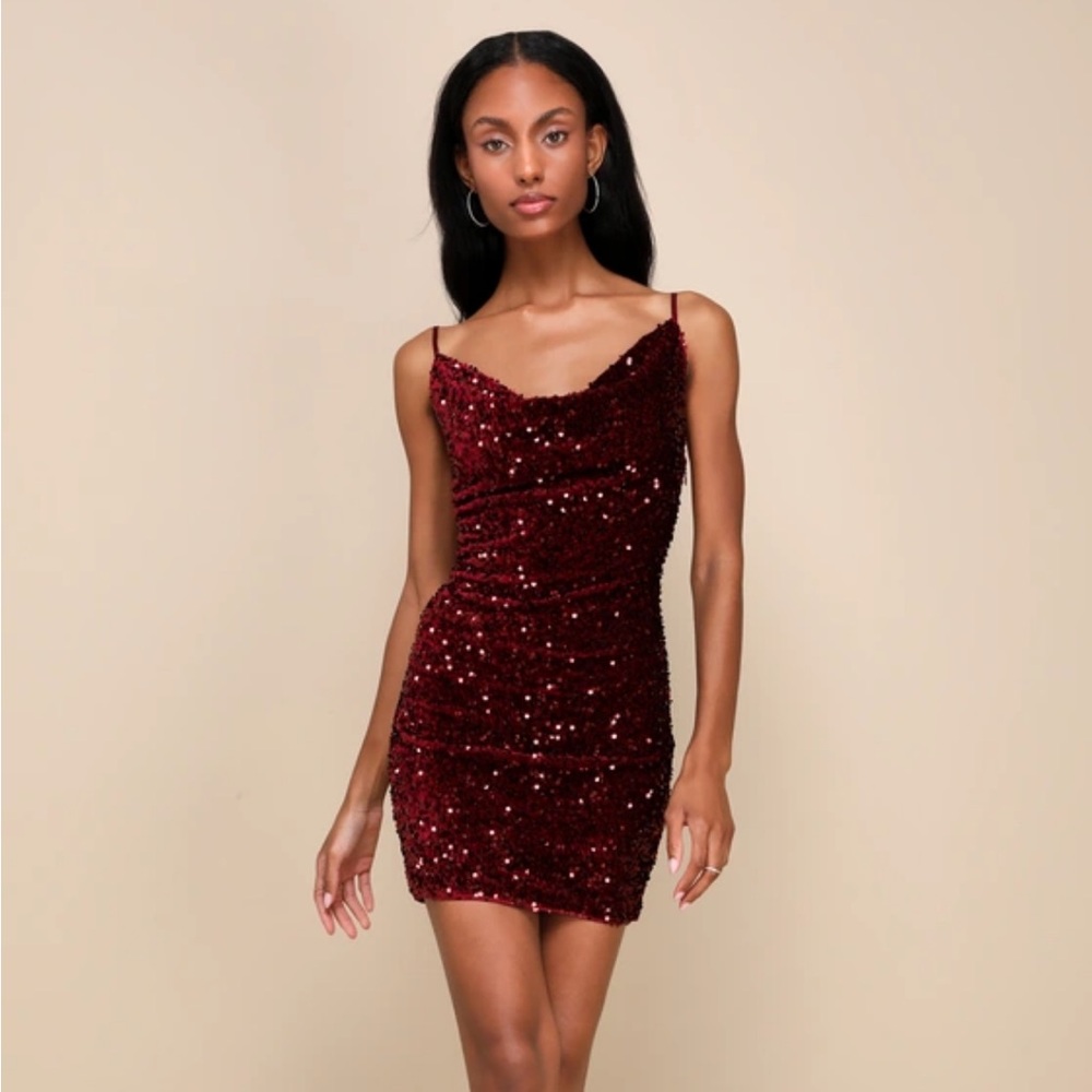 NWT Sparkle Burgundy Velvet Sequin Cowl Neck Mini Dress Size L